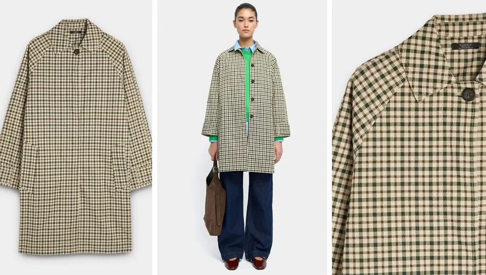 Parka de cuadros claros en beige, verde y marrón, con tejido repelente al agua (69,99€)