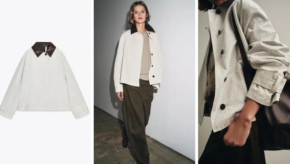 Trench corto de cuadros en blanco y negro con cuello marrón en contraste (69,95€)