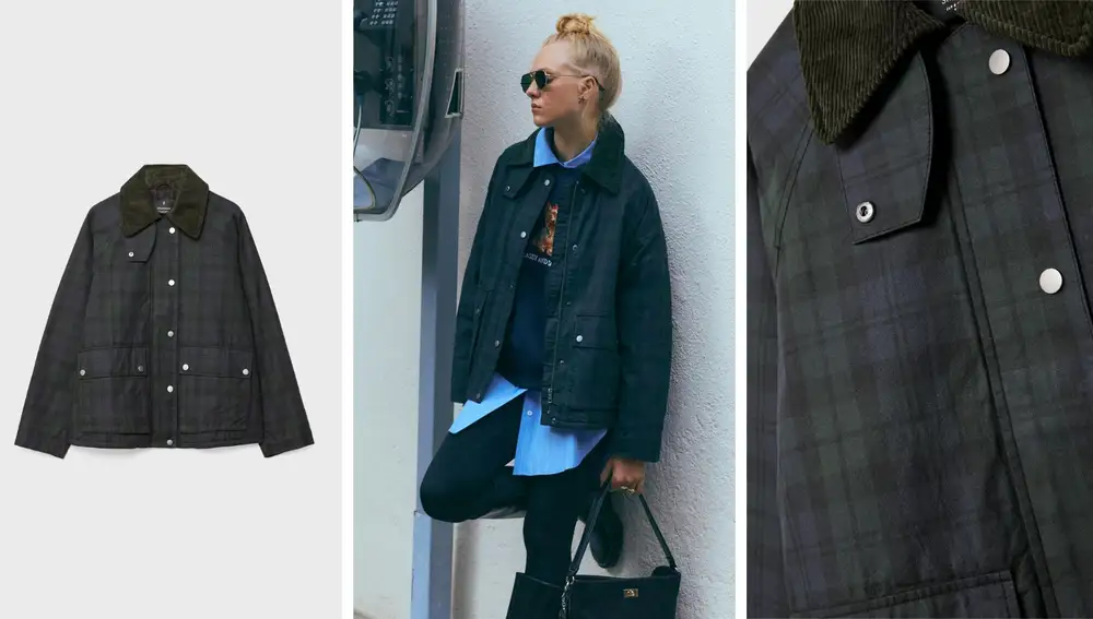 Parka encerada de cuadros en tonos verdes y azul marino (59,99€)