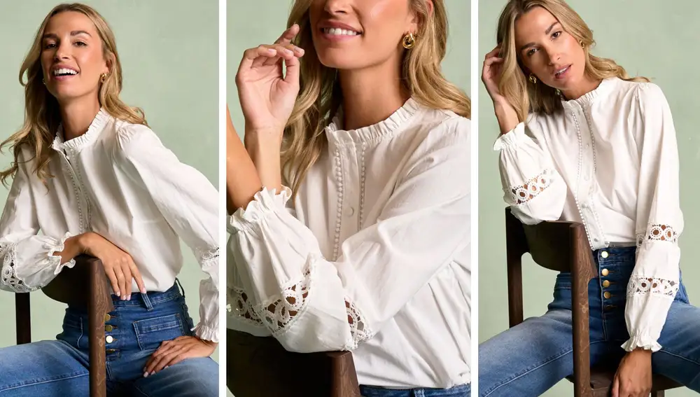 Camisa blanca con bordados calados y volantes (45,95€)