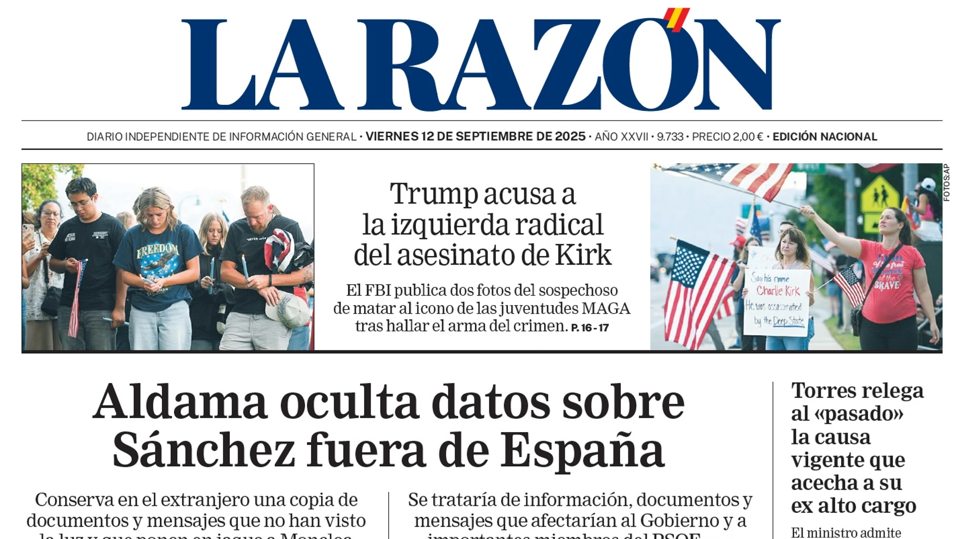 Portada de LA RAZÓN del viernes 12 de septiembre de 2025
