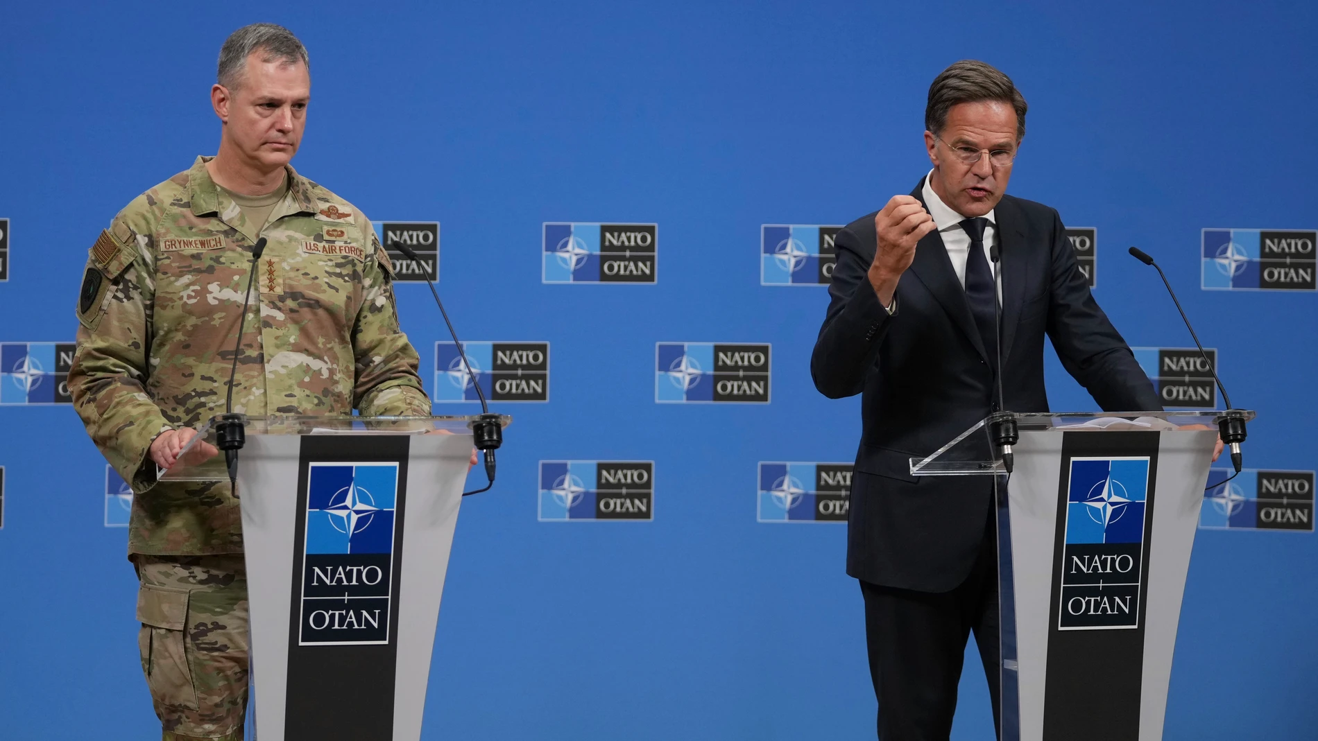 NATO Secretary General Mark Rutte, right, and Supreme Allied Commander Europe (SACEUR), General Alexus G. Grynkewich address the media at NATO headquarters in Brussels, Friday, Sept. 12, 2025. (AP Photo/Virginia Mayo)