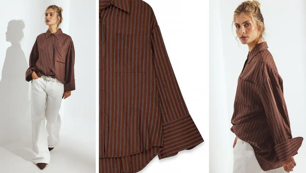 Camisa oversize marrón con rayas blancas (46,16€)