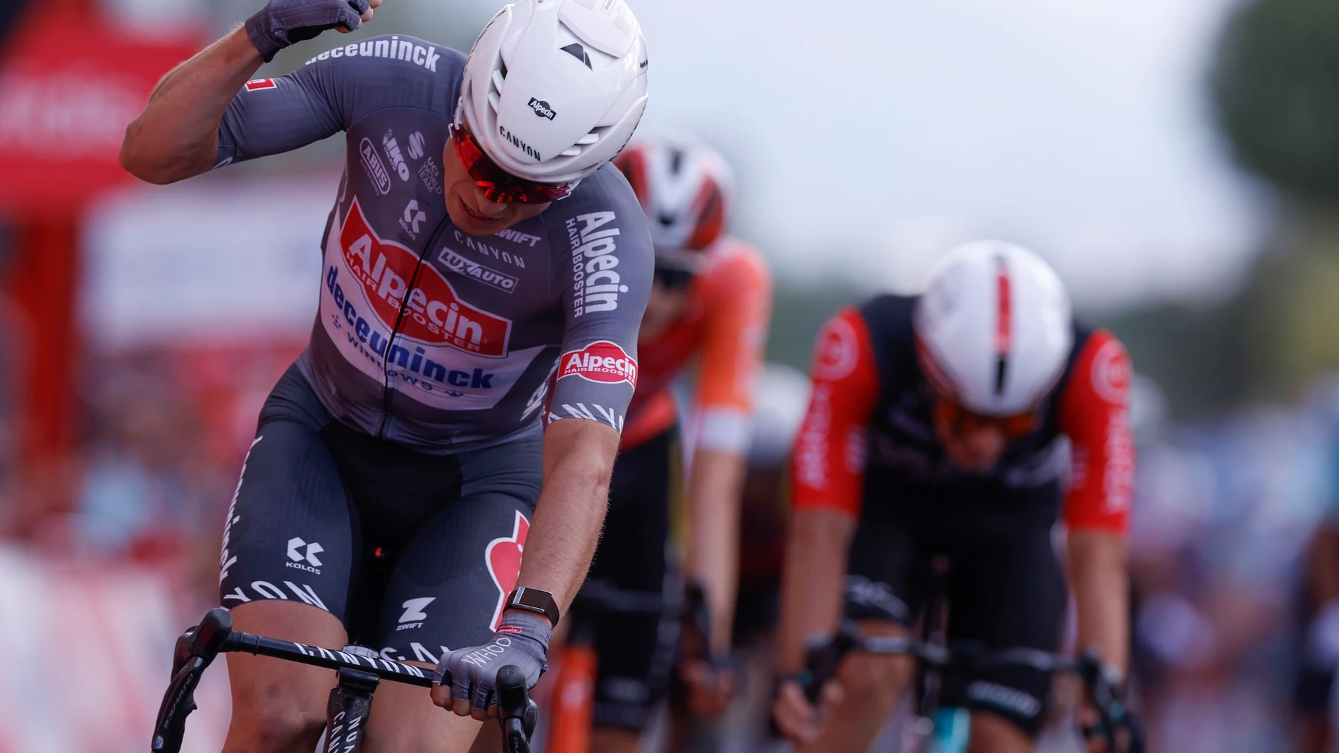 RUEDA - GUIJUELO (CASTILLA Y LEÓN), 12/09/2025.- El ciclista belga Jasper Philipsen del equipo Alpecin-Deceuninck celebra la victoria en la decimonovena etapa de la Vuelta ciclista a España con un recorrido aún intacto pese a las posibles protestas propalestinas de 161,9 kilómetros llanos entre Rueda, en la provincia de Valladolid, y Guijuelo, en la de Salamanca. EFE/ Javier Lizón