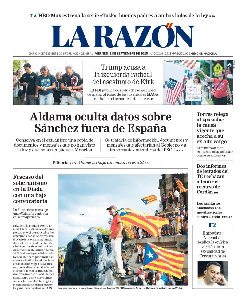 Portada de LA RAZÓN del viernes 12 de septiembre de 2025