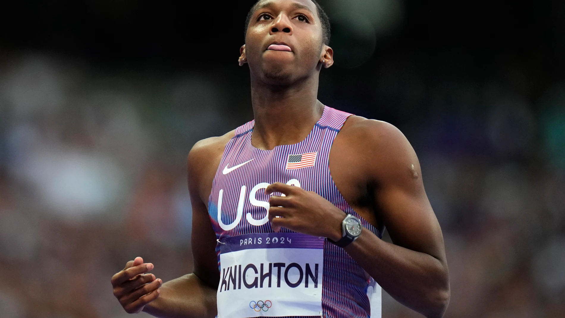 FILE - Erriyon Knighton, of the United States, reacts following his men's 200-meter semifinal at the 2024 Summer Olympics, on Aug. 7, 2024, in Saint-Denis, France. (AP Photo/Petr David Josek, File)