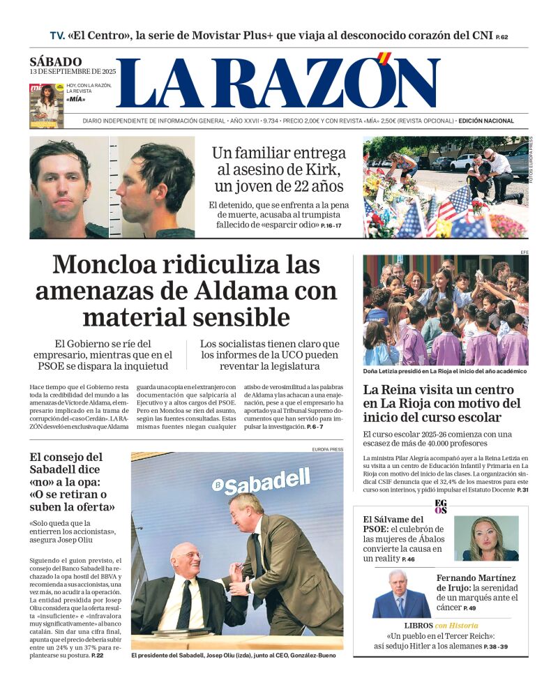 Portada de LA RAZÓN del sábado 13 de septiembre de 2025