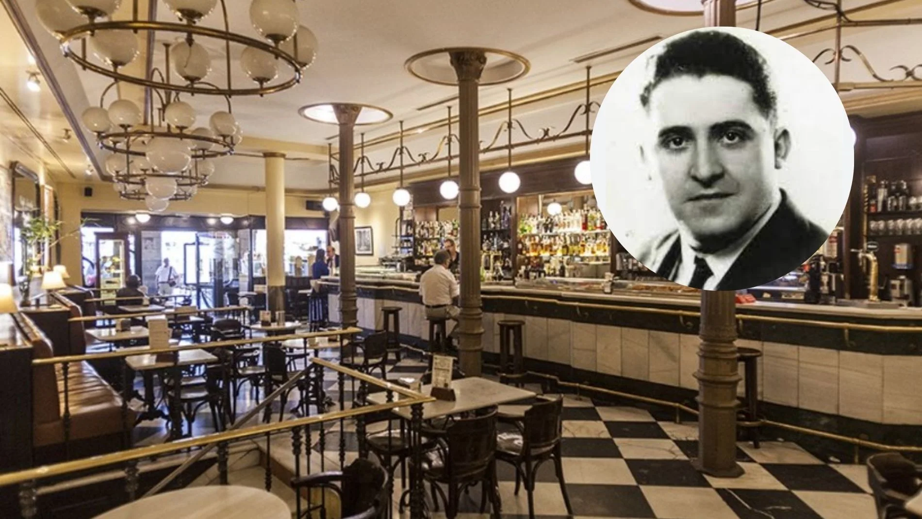 Imagen del Café Novelty y una foto del escritor Agustín de Foxá