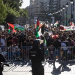 Protestas por la participación de Israel y en apoyo a Palestina en La Vuelta Ciclista. David Jar