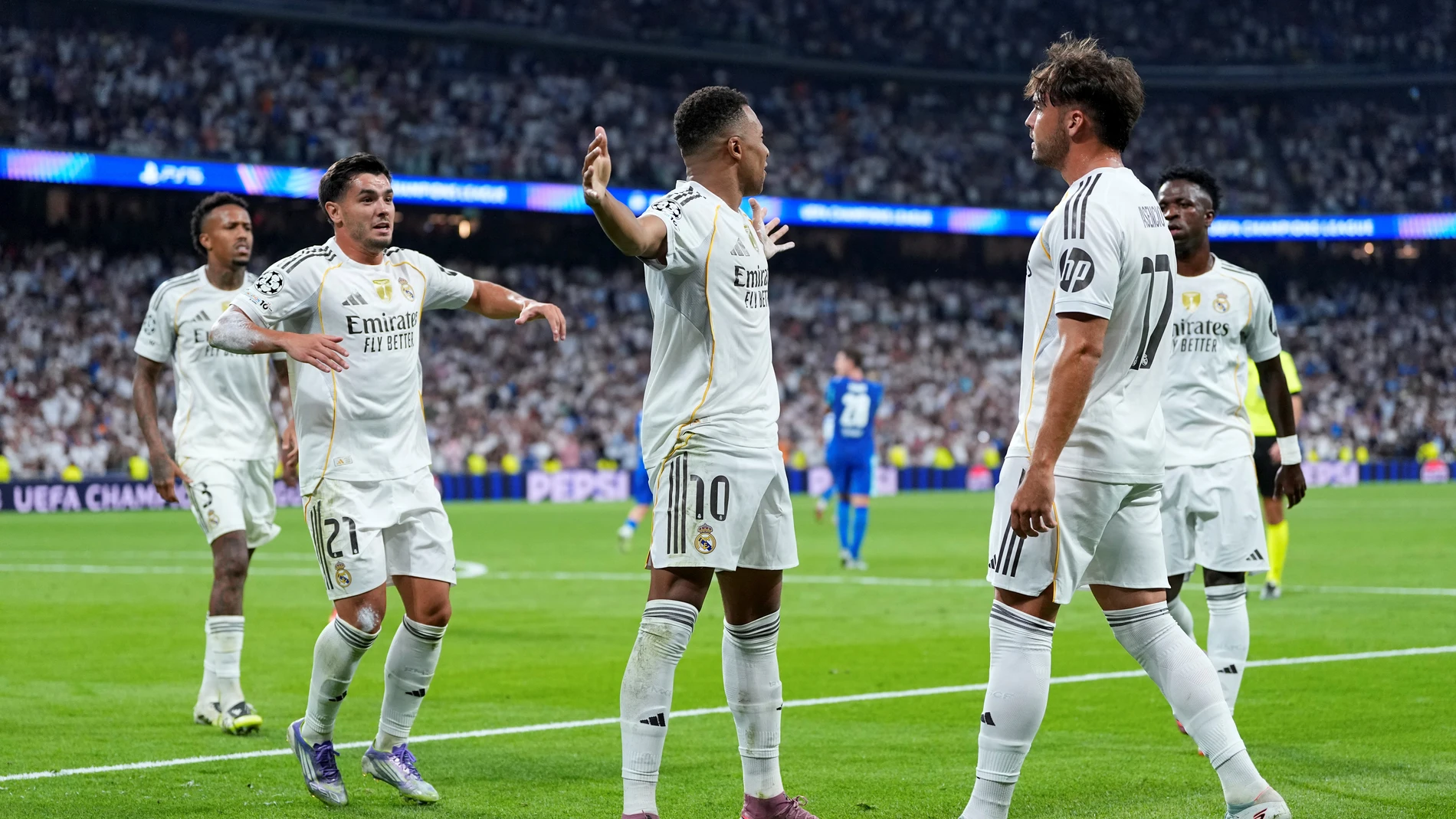 Kylian Mbappe of Real Madrid CF celebrates a goal during the UEFA Champions League 2025/26 League Phase MD1 match between Real Madrid C.F. and Olympique de Marseille at Estadio Santiago Bernabeu on September 16, 2025 in Madrid, Spain. AFP7 16/09/2025 ONLY FOR USE IN SPAIN