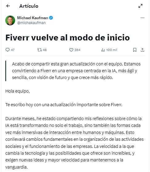 Extracto inicial de la publicación del CEO de Fiverr