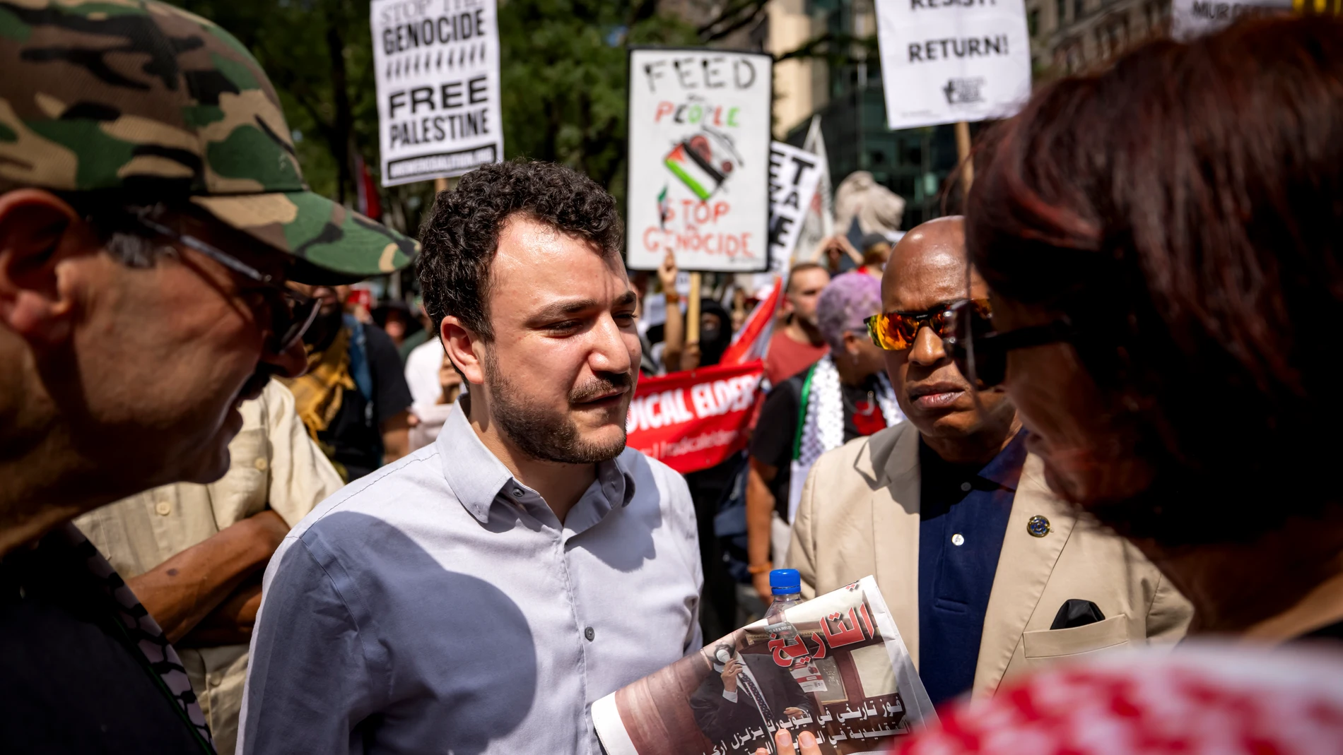 August 16, 2025, New York, Ny, United States: Mahmoud Khalil, former Columbia University graduate student known for his role in the 2024 Columbia University pro-Palestinian protests, leads a Pro-Palestinian ''March for Humanity'' against the humanitarian crisis in Gaza on August 16, 2025 in New York City. A coalition of over 200 groups and organizations, including Palestinian diaspora groups, pro-Palestinian solidarity groups, labor unions, anti-war groups, and faith groups organized the marc...