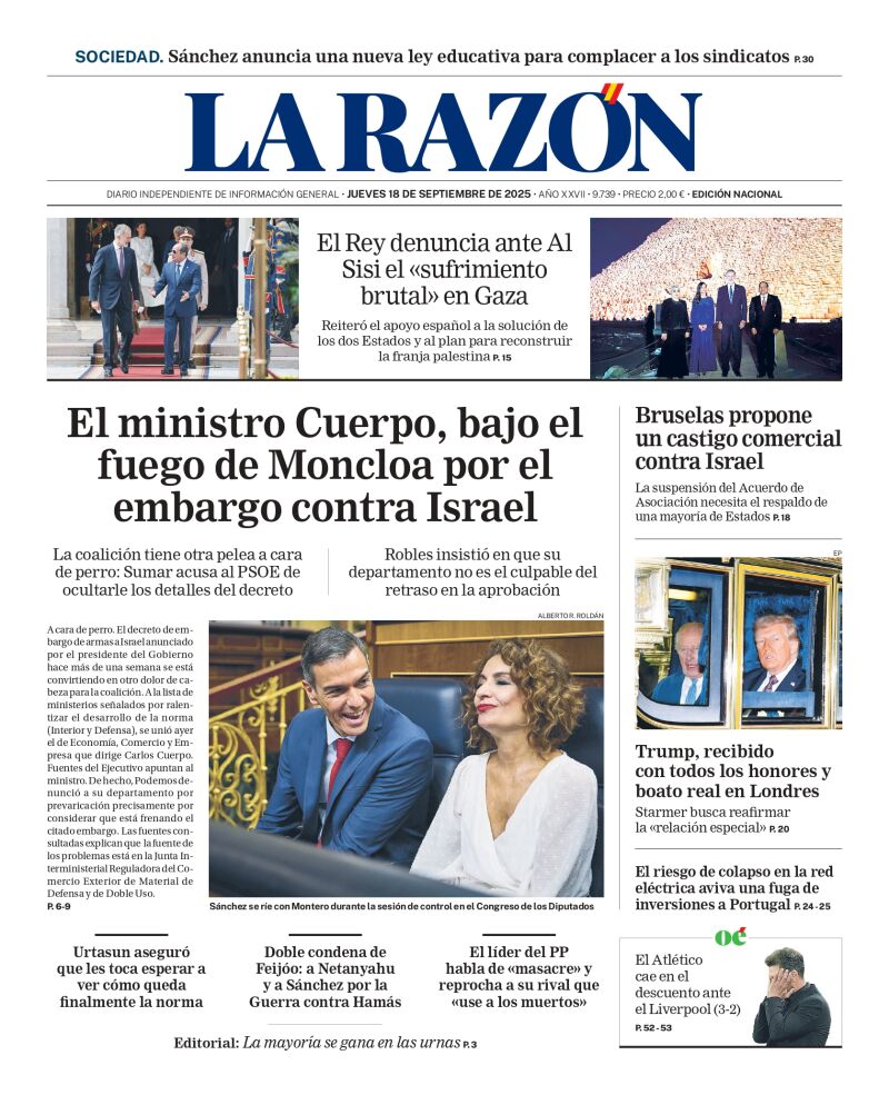 Portada de LA RAZÓN de este jueves 18 de septiembre de 2025