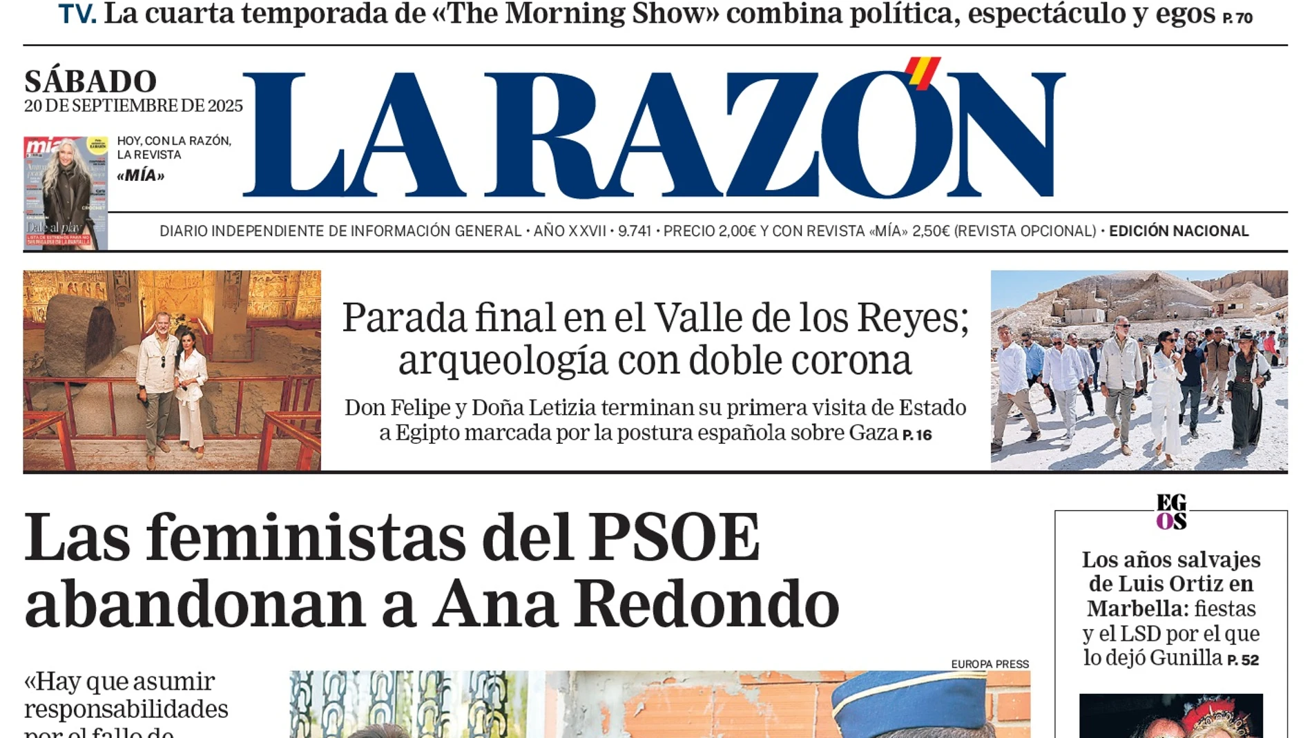Portada de LA RAZÓN del sábado 20 de septiembre de 2025