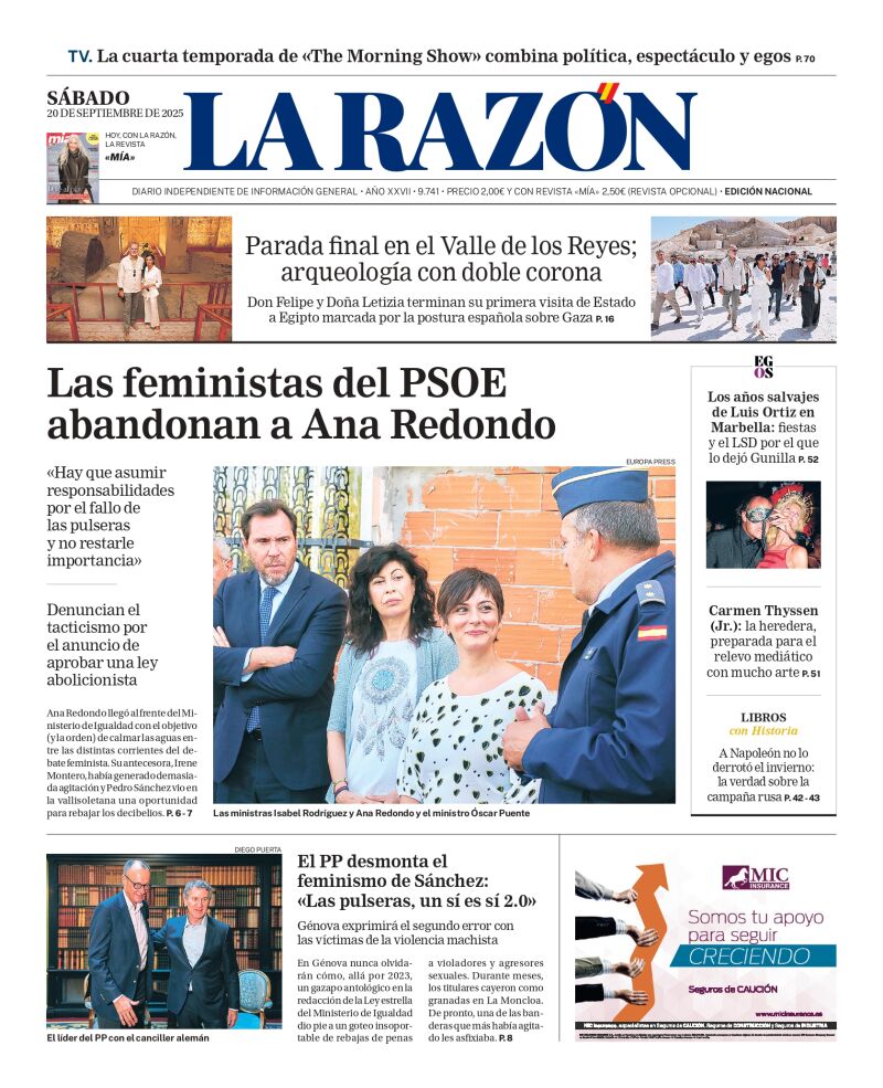 Portada de LA RAZÓN del sábado 20 de septiembre de 2025
