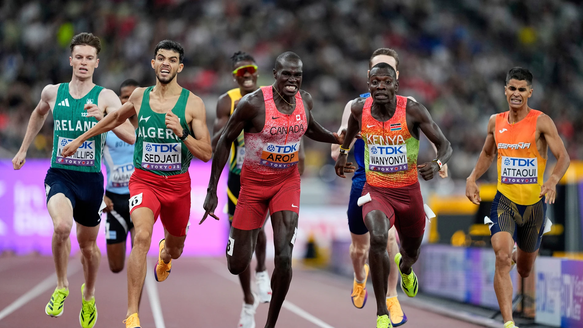 Ireland's Cian McPhillips, Kenya's Emmanuel Wanyonyi, gold, Algeria's Djamel Sedjati, silver, Canada's Marco Arop, bronze, and Spain's Mohamed Attaoui race to the line in the men's 800 meters final at the World Athletics Championships in Tokyo, Saturday, Sept. 20, 2025. (AP Photo/Petr David Josek)