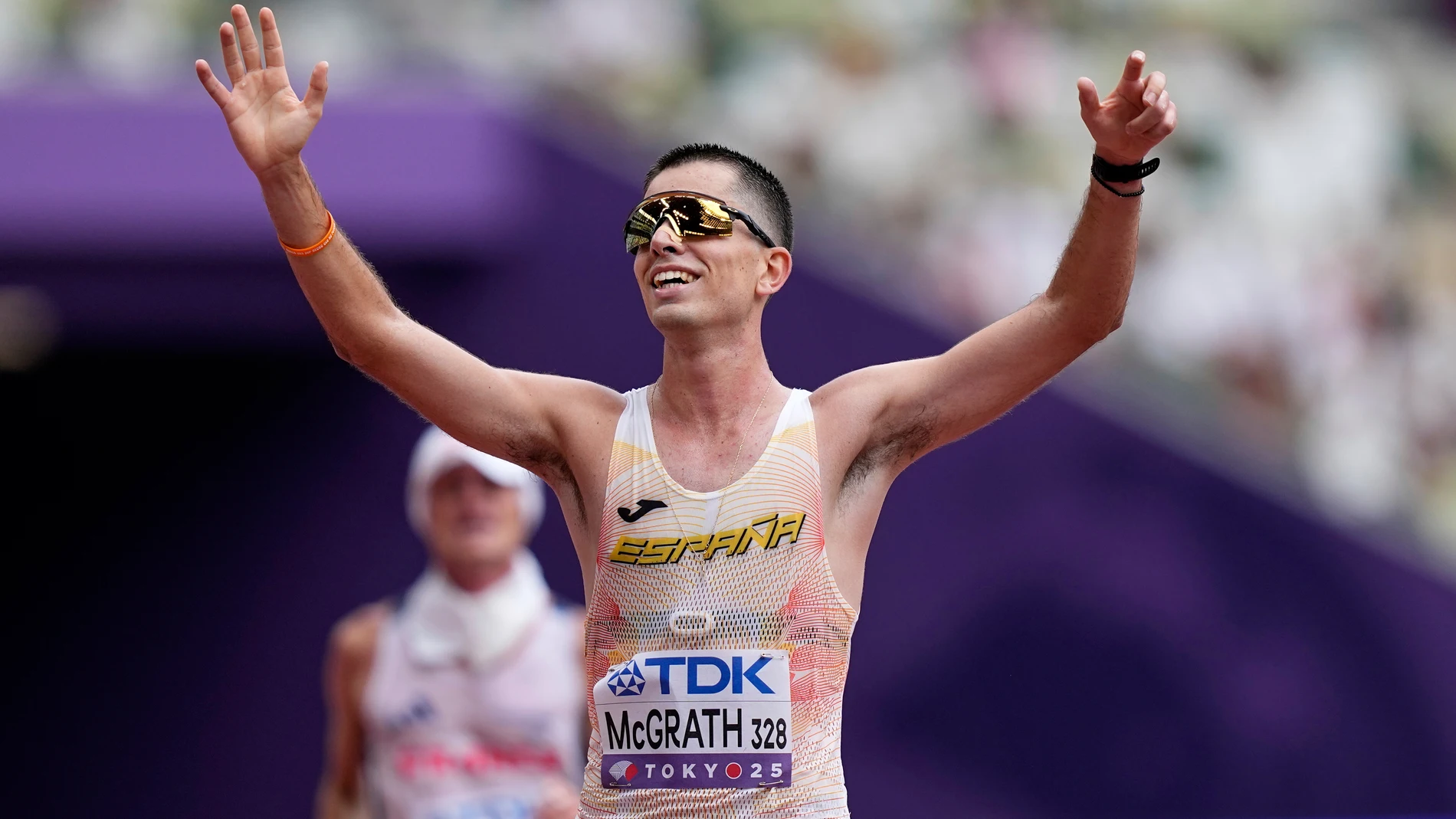 Spain's Paul McGrath reacts after taking the bronze medal in the men's 20 kilometers race walk at the World Athletics Championships in Tokyo, Saturday, Sept. 20, 2025. (AP Photo/Abbie Parr)