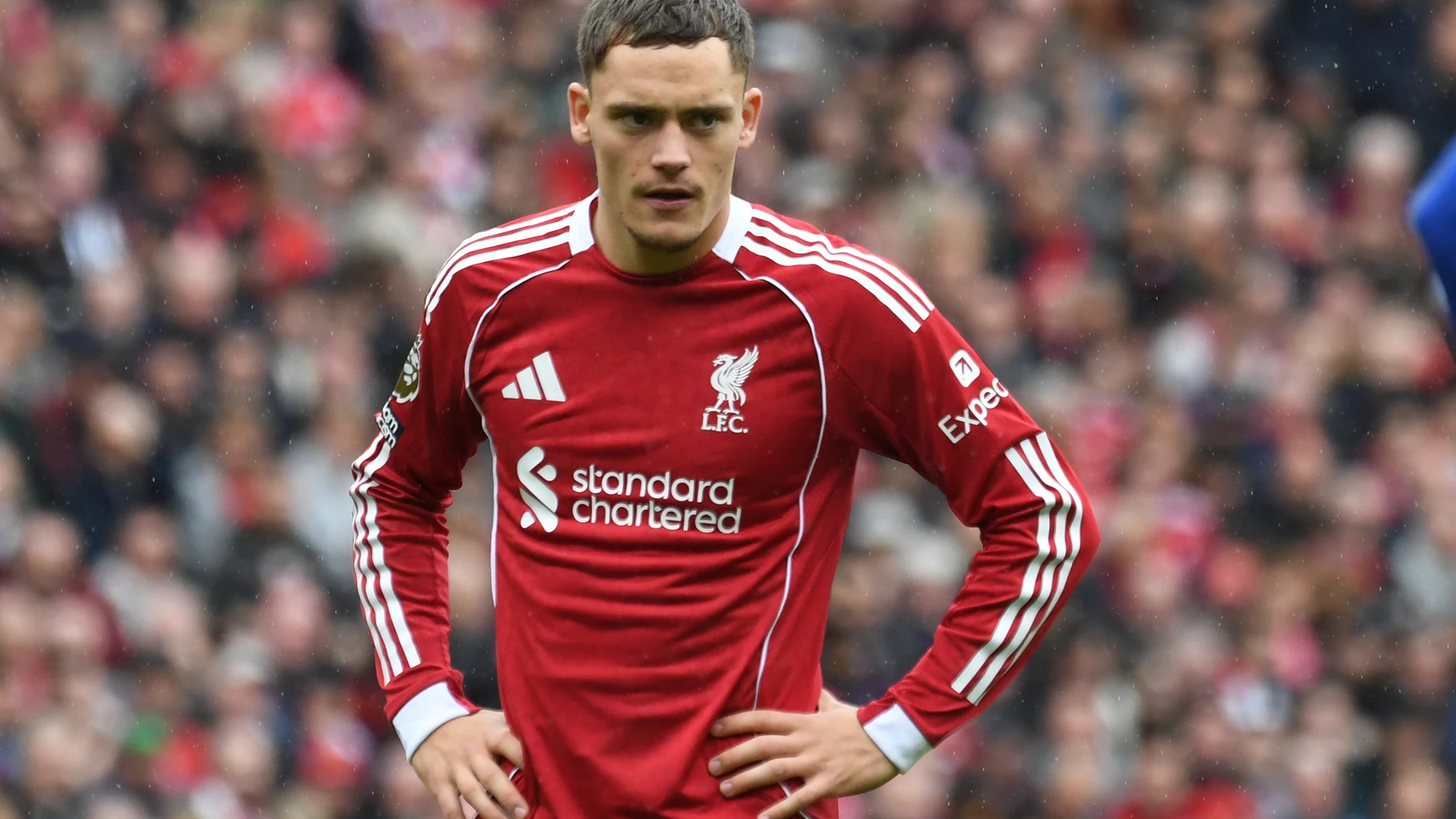 Liverpool's Florian Wirtz looks on during the English Premier League soccer match between Liverpool and Everton at Anfield stadium in Liverpool, England, Saturday, Sept. 20, 2025. (AP Photo/Rui Vieira)