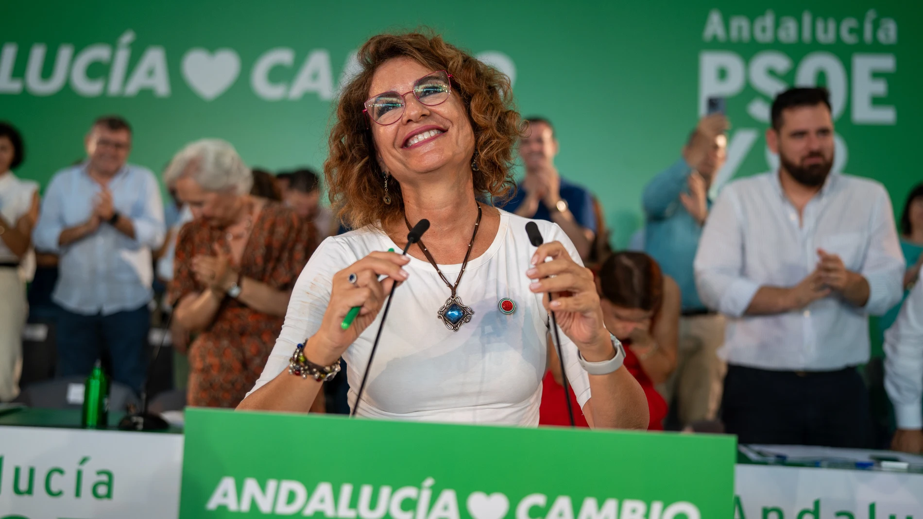 La secretaria general del PSOE-A, vicepresidenta primera del Gobierno y ministra de Hacienda, María Jesús Montero, este sábado en San Juan del Puerto (Huelva), durante el Comité Director del PSOE-A REMITIDA / HANDOUT por PSOE-A Fotografía remitida a medios de comunicación exclusivamente para ilustrar la noticia a la que hace referencia la imagen, y citando la procedencia de la imagen en la firma 20/09/2025