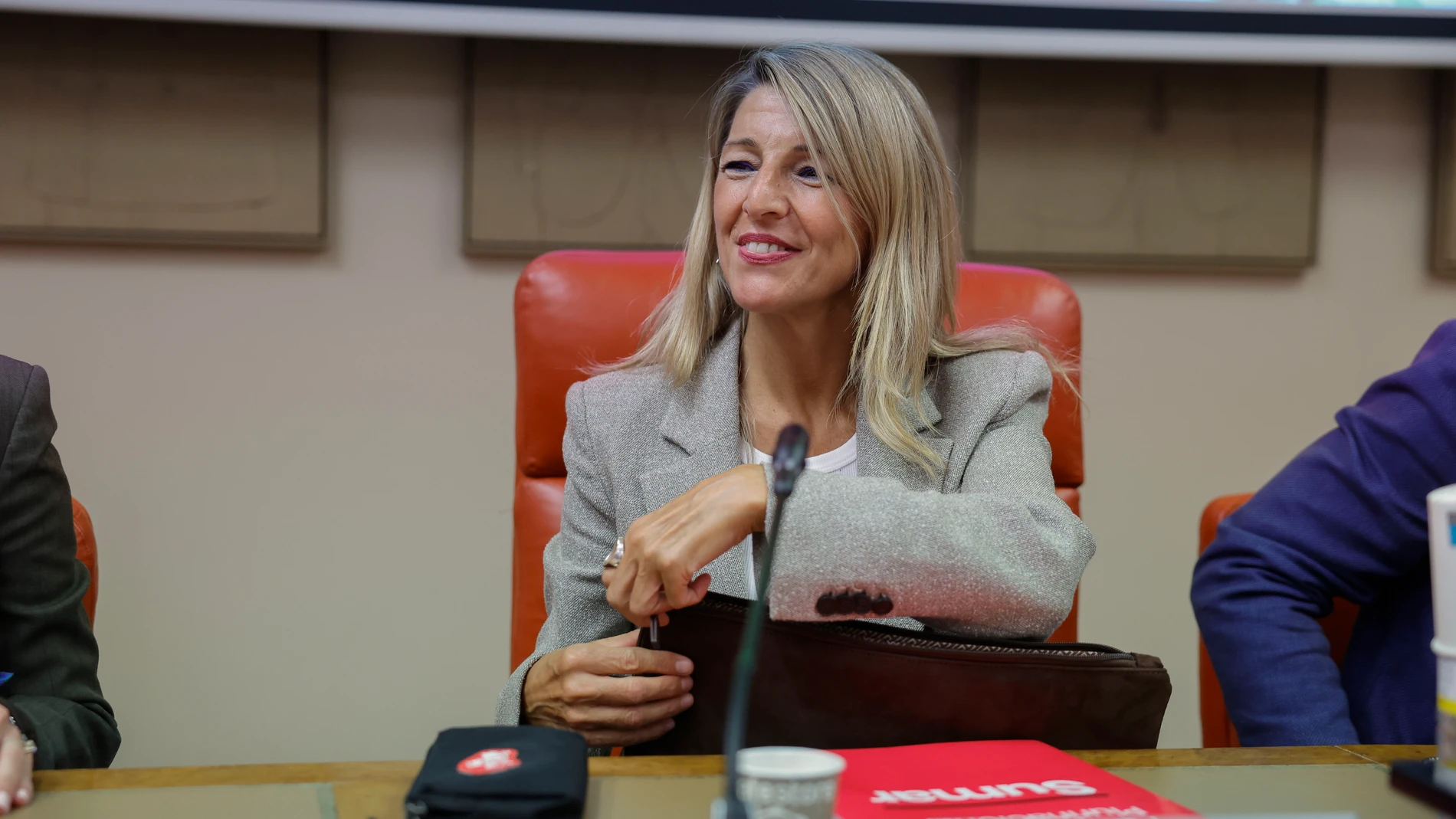 MADRID, 22/09/2025.- La vicepresidenta segunda del Gobierno y ministra de Trabajo, Yolanda Díaz, participa en un encuentro con los diputados del grupo parlamentario de Sumar este lunes, en el Congreso, en Madrid. EFE/ Zipi Aragón