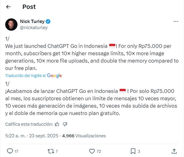 El director de producto de ChatGPT anuncia el lanzamiento de ChatGPT GO en Indonesia
