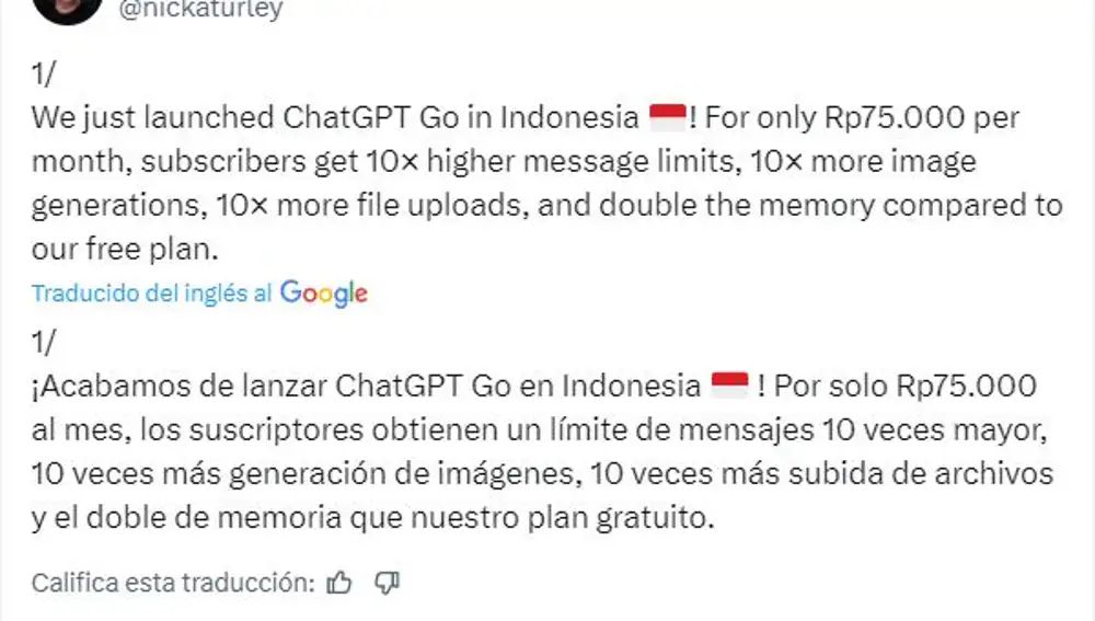 El director de producto de ChatGPT anuncia el lanzamiento de ChatGPT GO en Indonesia