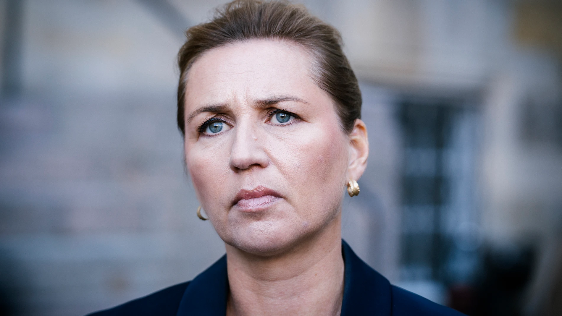 Danish Prime Minister Mette Frederiksen holds a doorstep and comments on drone activity Monday evening at Copenhagen Airport, in Copenhagen, Tuesday, Sept. 23, 2025. (Emil Nicolai Helms/Ritzau Scanpix via AP)