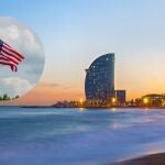 Imagen de la Barceloneta junto a la bandera de Estados Unidos