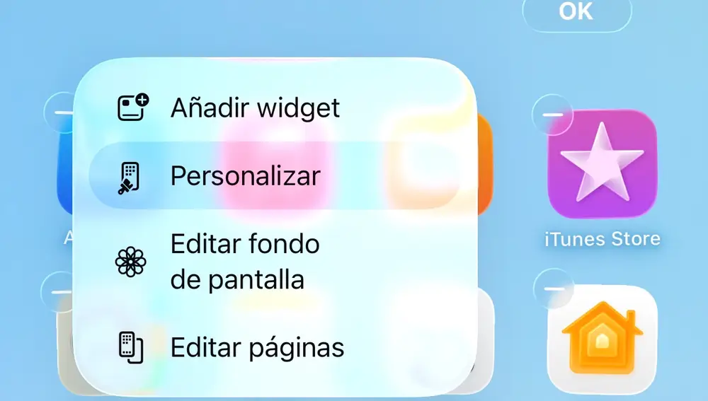 Modo Personalizar de la pantalla de inicio de iOS 26
