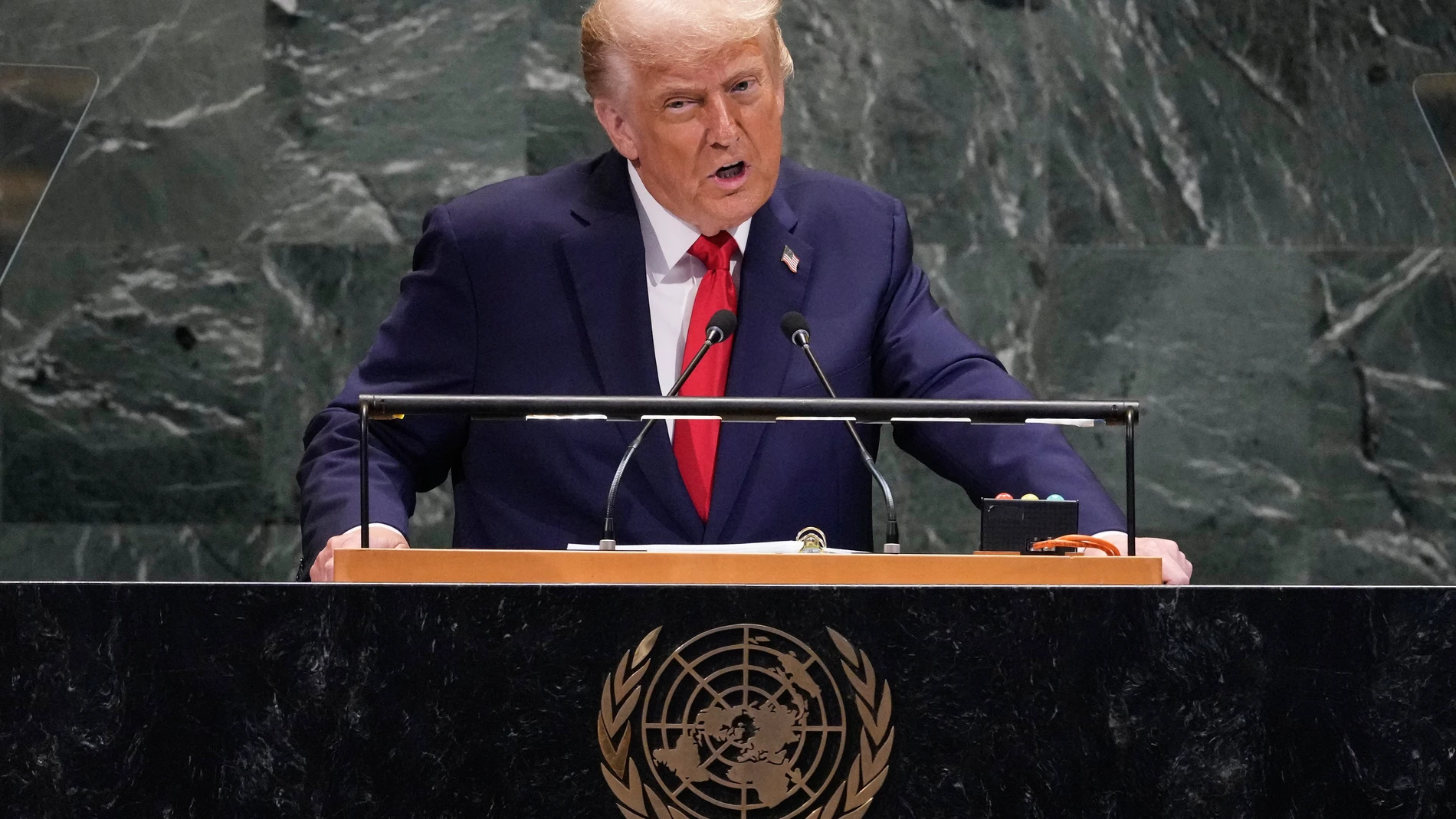 U.S. President Donald Trump addresses the 80th session of the United Nations General Assembly, Tuesday, Sept. 23, 2025. (AP Photo/Richard Drew)