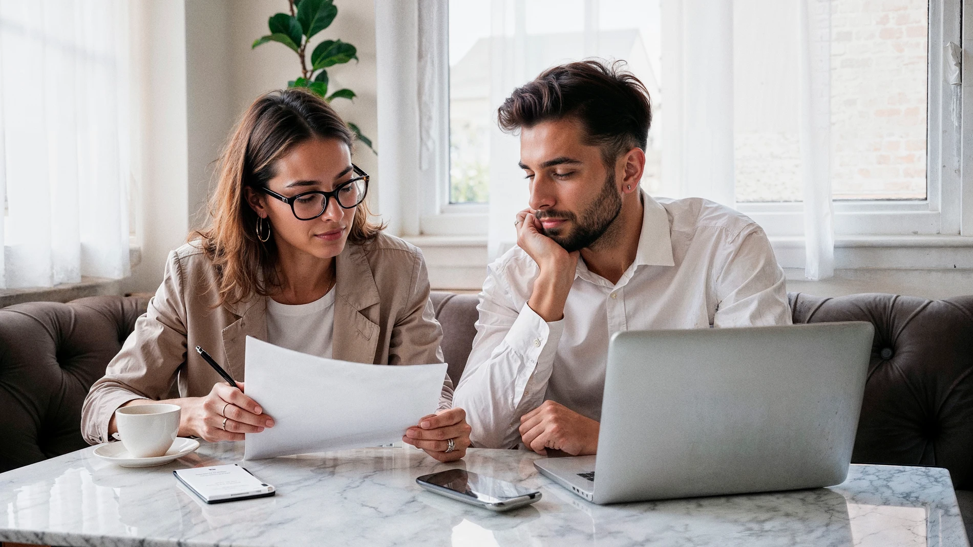 Hombre y mujer trabajando eligiendo la mejor cuenta remunerada en un escritorio de mármol