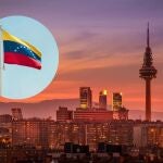 Imagen de la ciudad de Madrid y una bandera de Venezuela