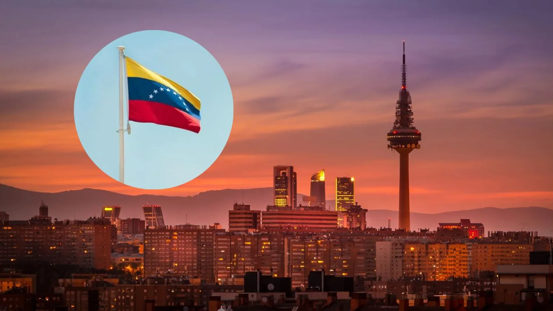 Imagen de la ciudad de Madrid y una bandera de Venezuela