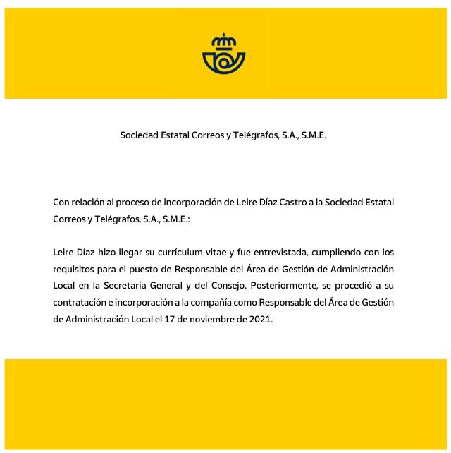 La explicación de Correos a la entrada en la empresa de Leire Díez