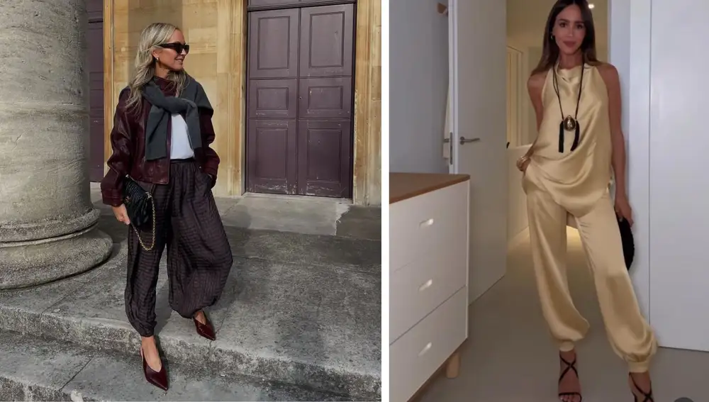 Pantalones bombachos interpretados en dos estilos diferentes: un look con chaqueta de cuero y otro en clave más elegante.