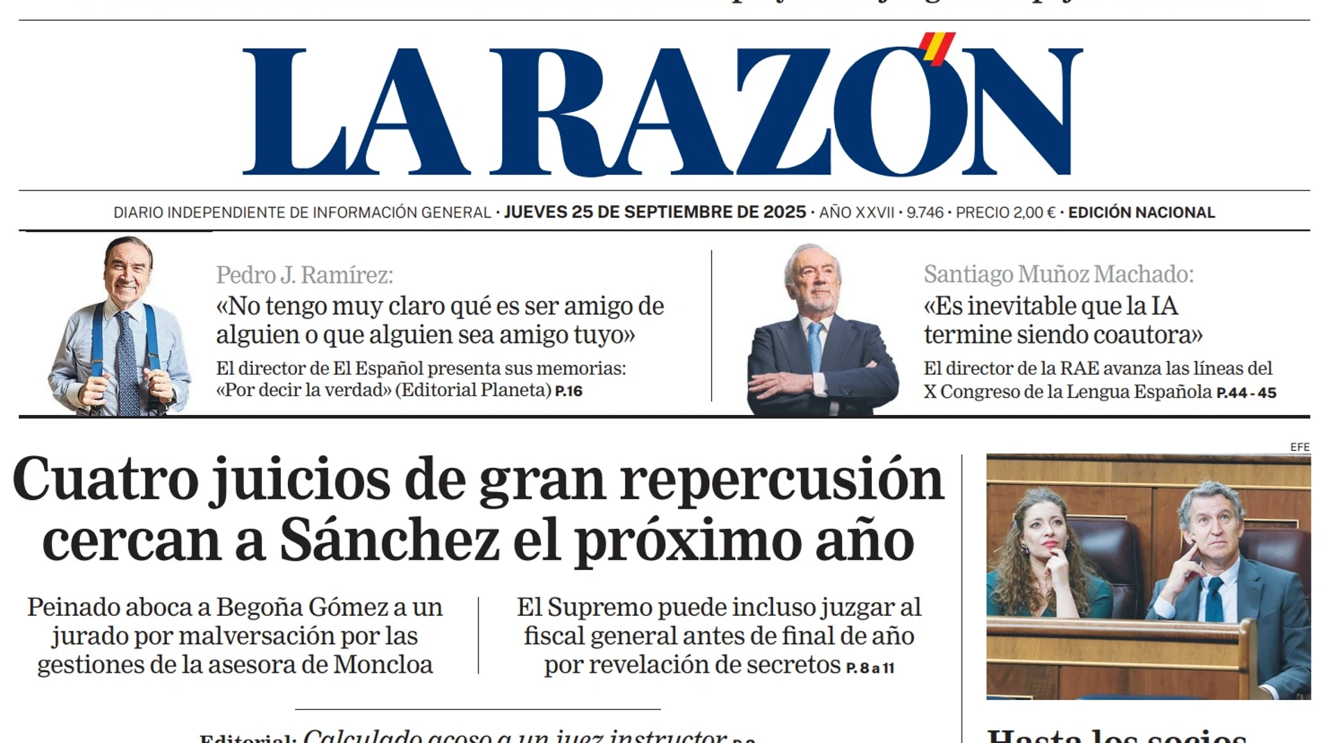 Portada de LA RAZÓN de este jueves 25 de septiembre de 2025