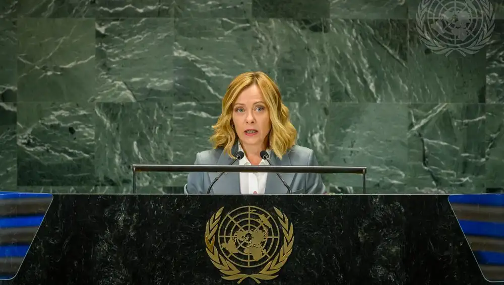 Primera ministra italiana, Goirgia Meloni compadeciendo en la Asamble General de la ONU