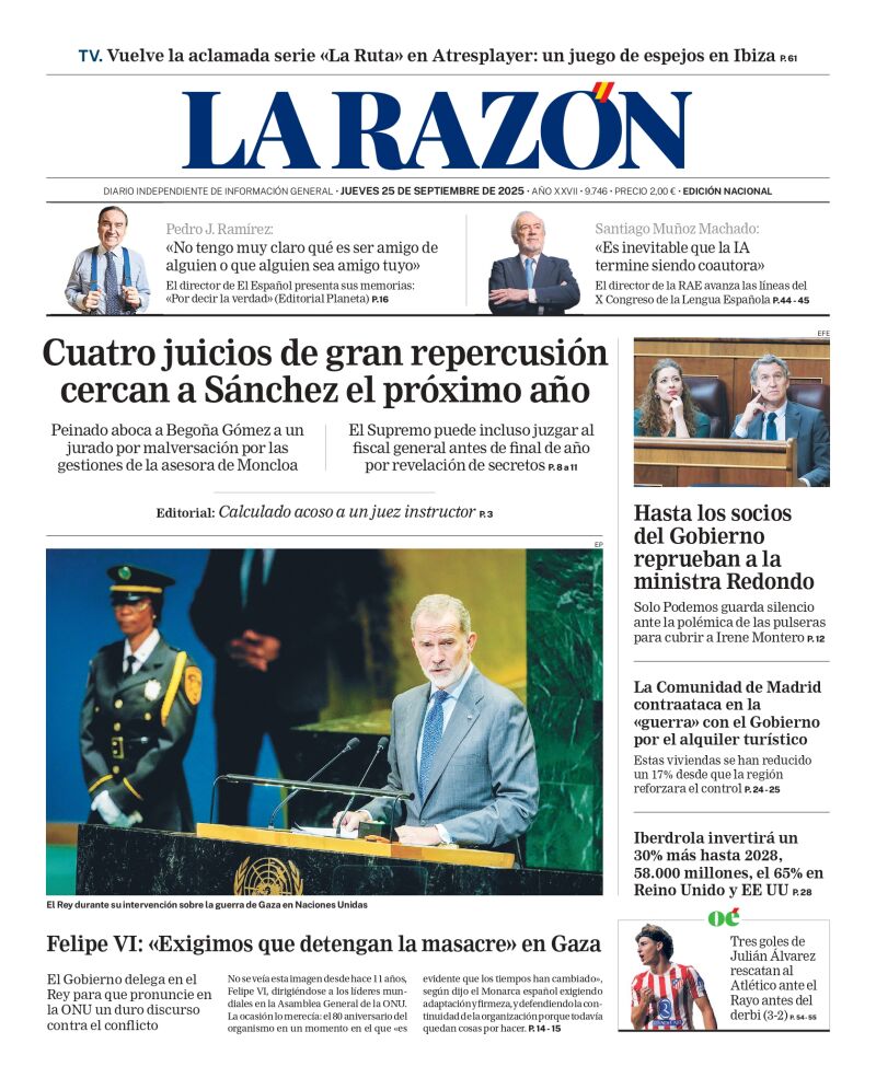 Portada de LA RAZÓN de este jueves 25 de septiembre de 2025