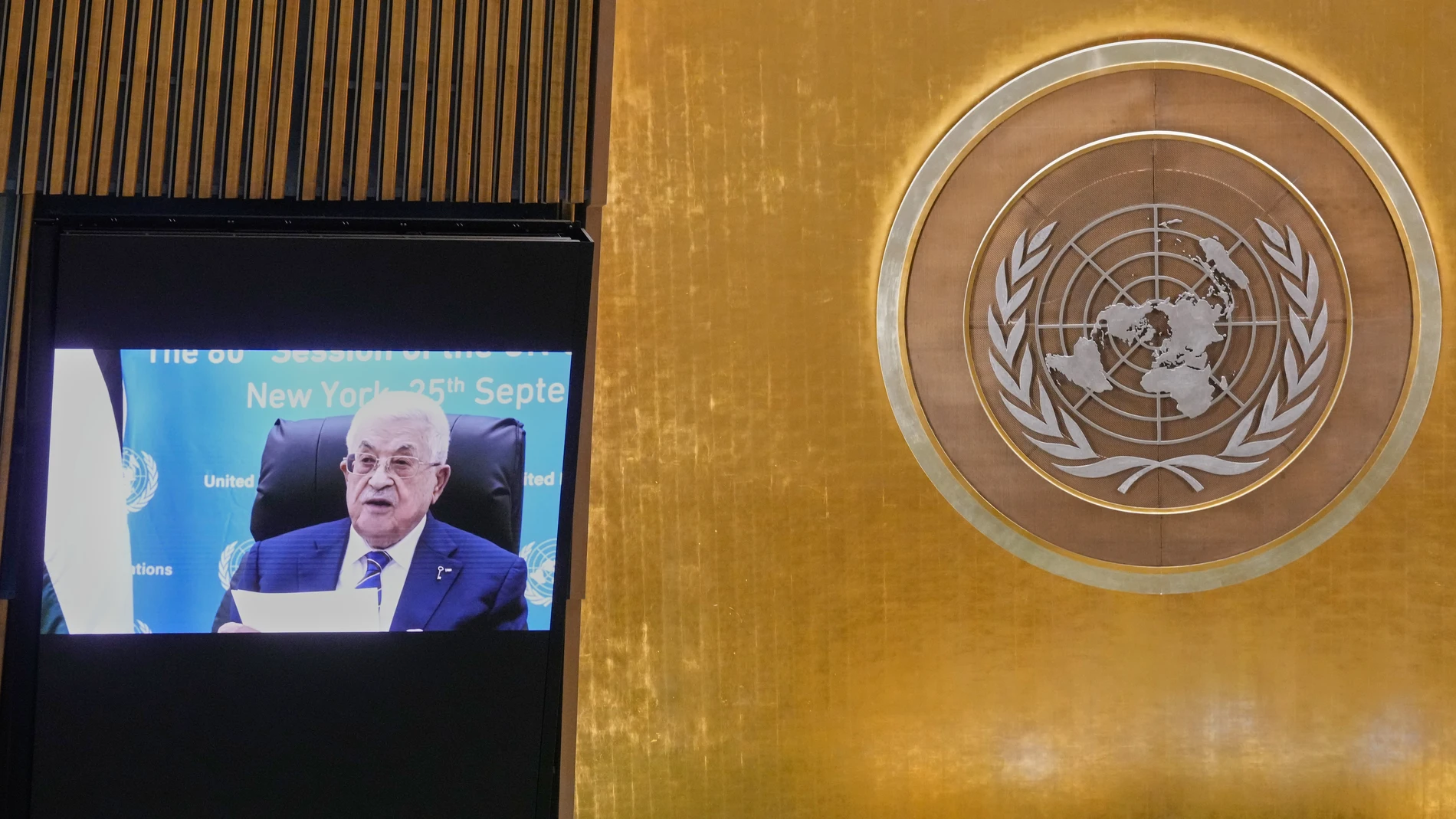 Palestinian President Mahmoud Abbas addresses the 80th session of the United Nations General Assembly via video, Thursday, Sept. 25, 2025. (AP Photo/Richard Drew)
