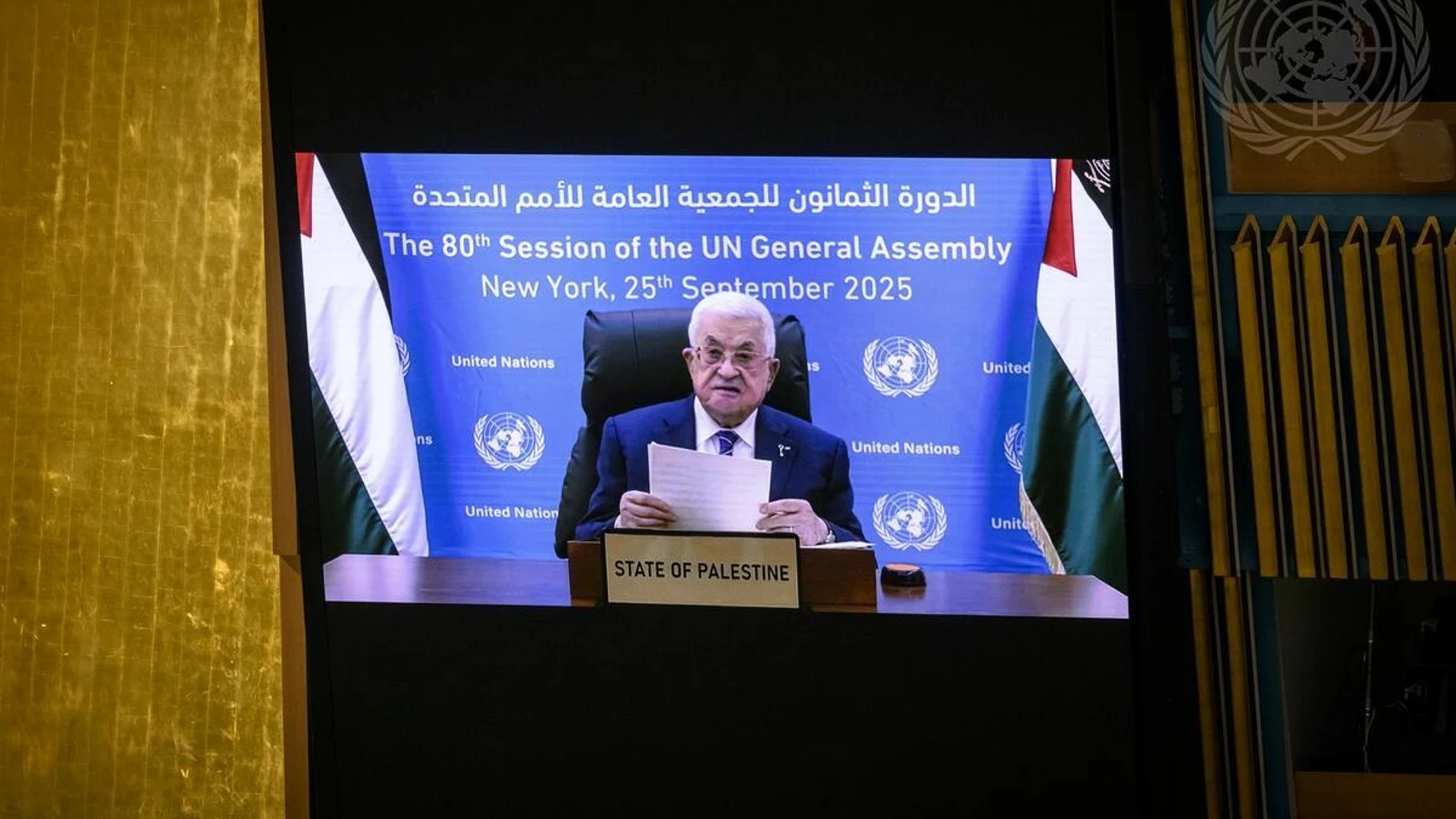 El presidente de la Autoridad Palestina, Mahmud Abbas, participa por videoconferencia en la 80º Asamblea General de la ONU. REMITIDA / HANDOUT por NACIONES UNIDAS Fotografía remitida a medios de comunicación exclusivamente para ilustrar la noticia a la que hace referencia la imagen, y citando la procedencia de la imagen en la firma 25/09/2025