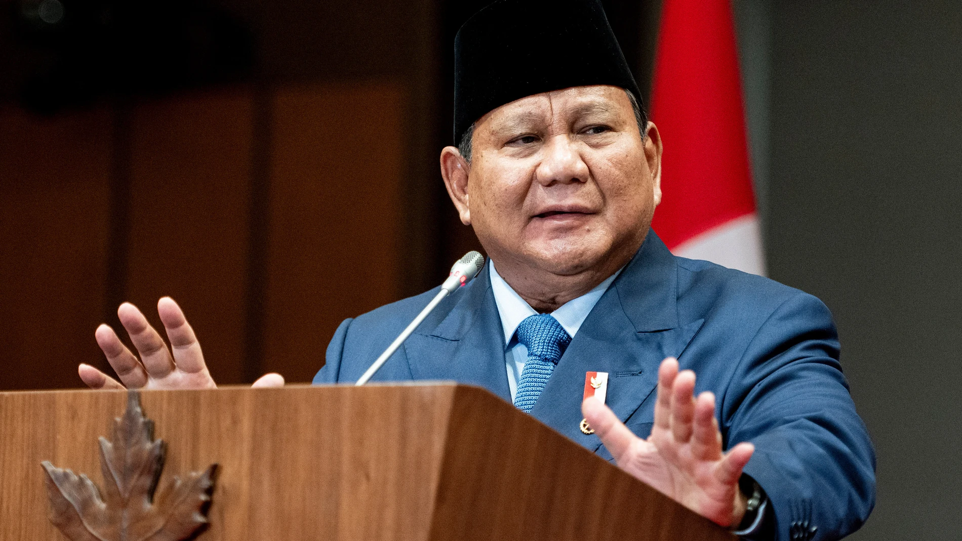 President of Indonesia Prabowo Subianto delivers remarks ahead of a signing ceremony with Canada's Prime Minister Mark Carney, not pictured, during a working visit with on Parliament Hill in Ottawa, Ontario, Wednesday, Sept. 24, 2025. (Spencer Colby/The Canadian Press via AP)