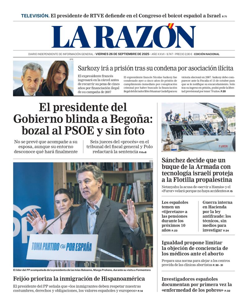 Portada de LA RAZÓN de este viernes 26 de septiembre de 2025