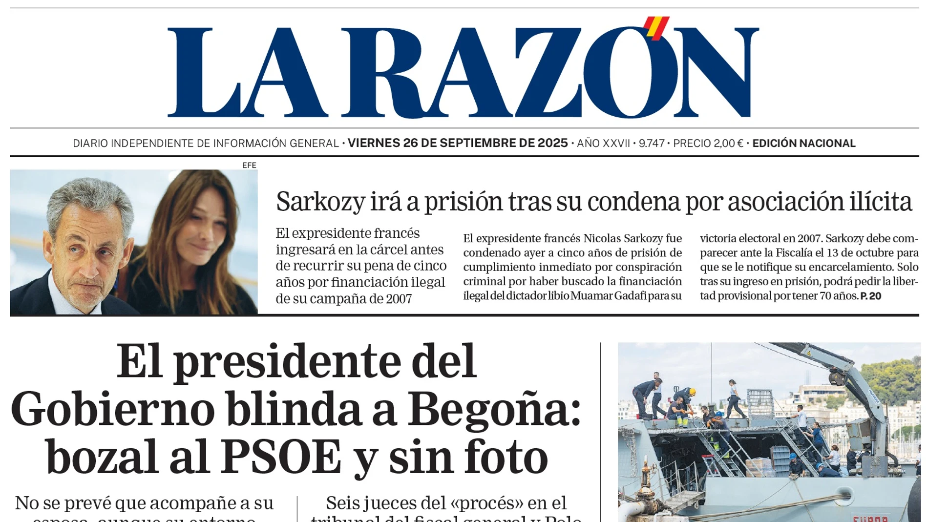 Portada de LA RAZÓN de este viernes 26 de septiembre de 2025
