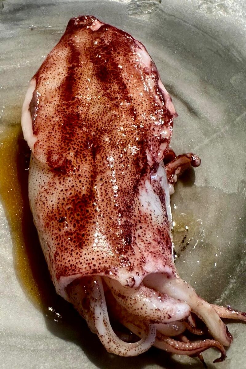 La textura tierna y la brasa firme del chipirón parece un equilibrio sencillo, pero solo pude ir de la mano de la maestría