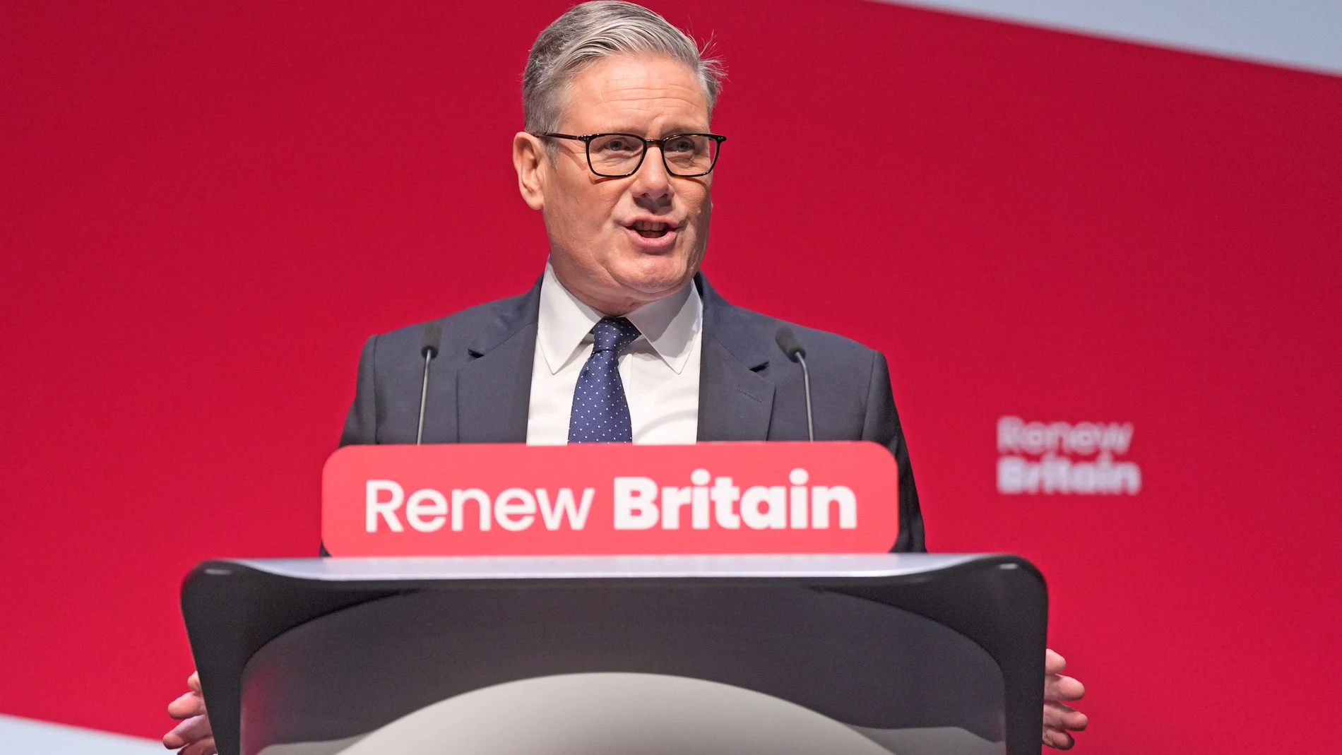 Britain's Prime Minister Keir Starmer speaks during the Labour Party Conference in Liverpool, England, Sunday Sept. 28, 2025. (Danny Lawson/PA via AP)