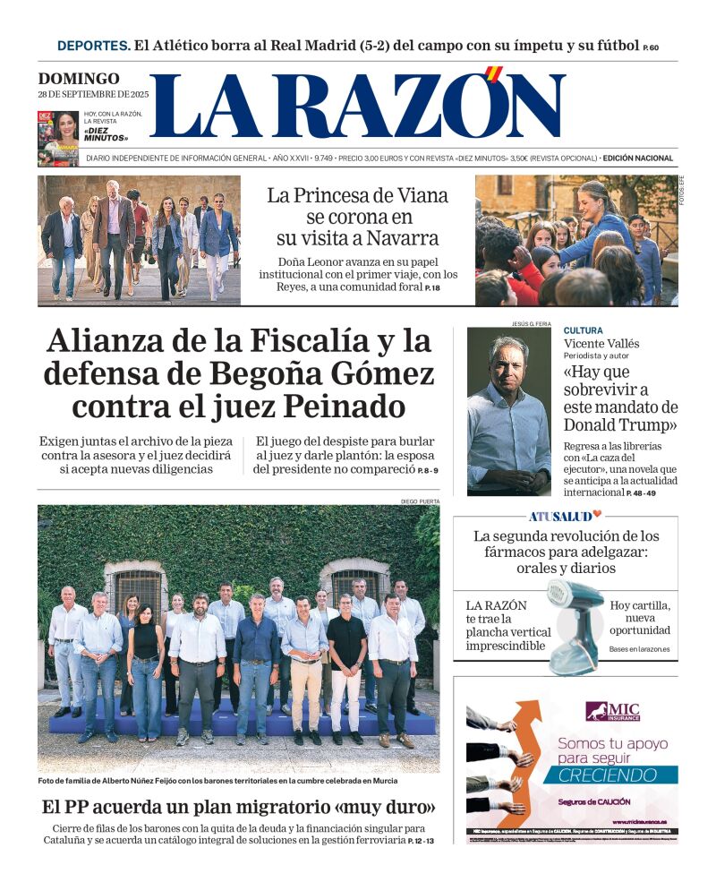 Portada de LA RAZÓN de este domingo 28 de septiembre de 2025