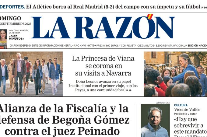 Portada de LA RAZÓN de este domingo 28 de septiembre de 2025