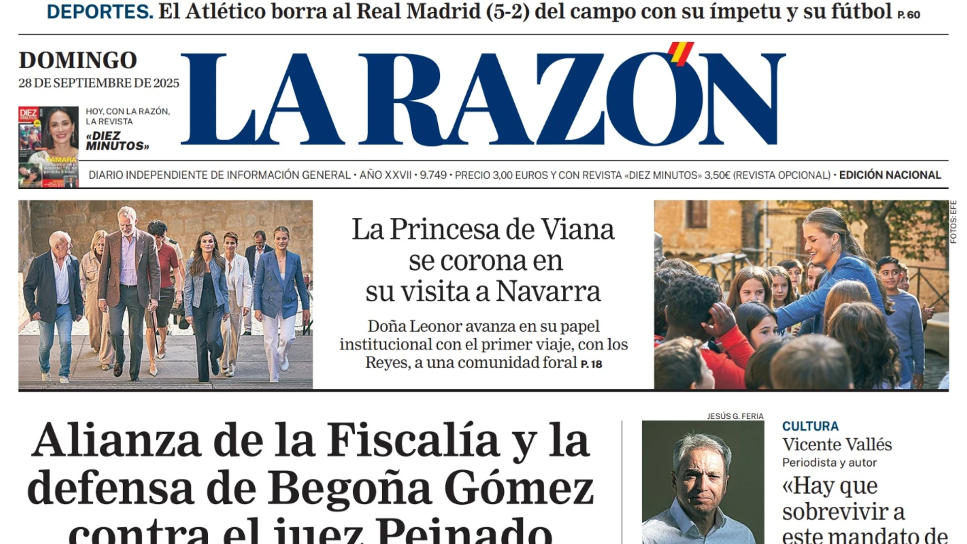 Portada de LA RAZÓN de este domingo 28 de septiembre de 2025