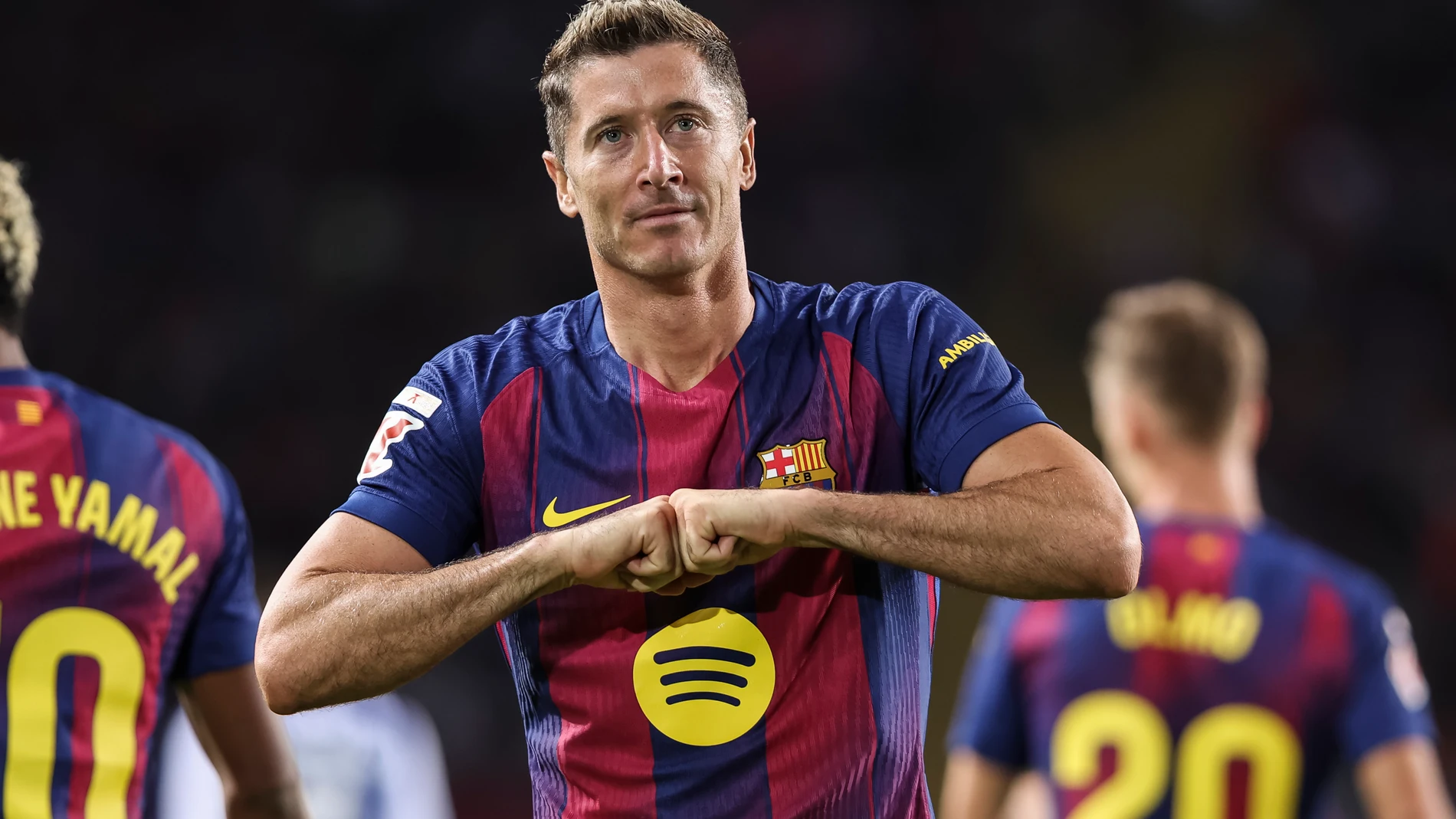 Robert Lewandowski of FC Barcelona celebrates a goal during the Spanish league, La Liga EA Sports, football match played between FC Barcelona and Real Sociedad at Estadi Olimpic Lluis Companys on September 28, 2025 in Barcelona, Spain. AFP7 28/09/2025 ONLY FOR USE IN SPAIN