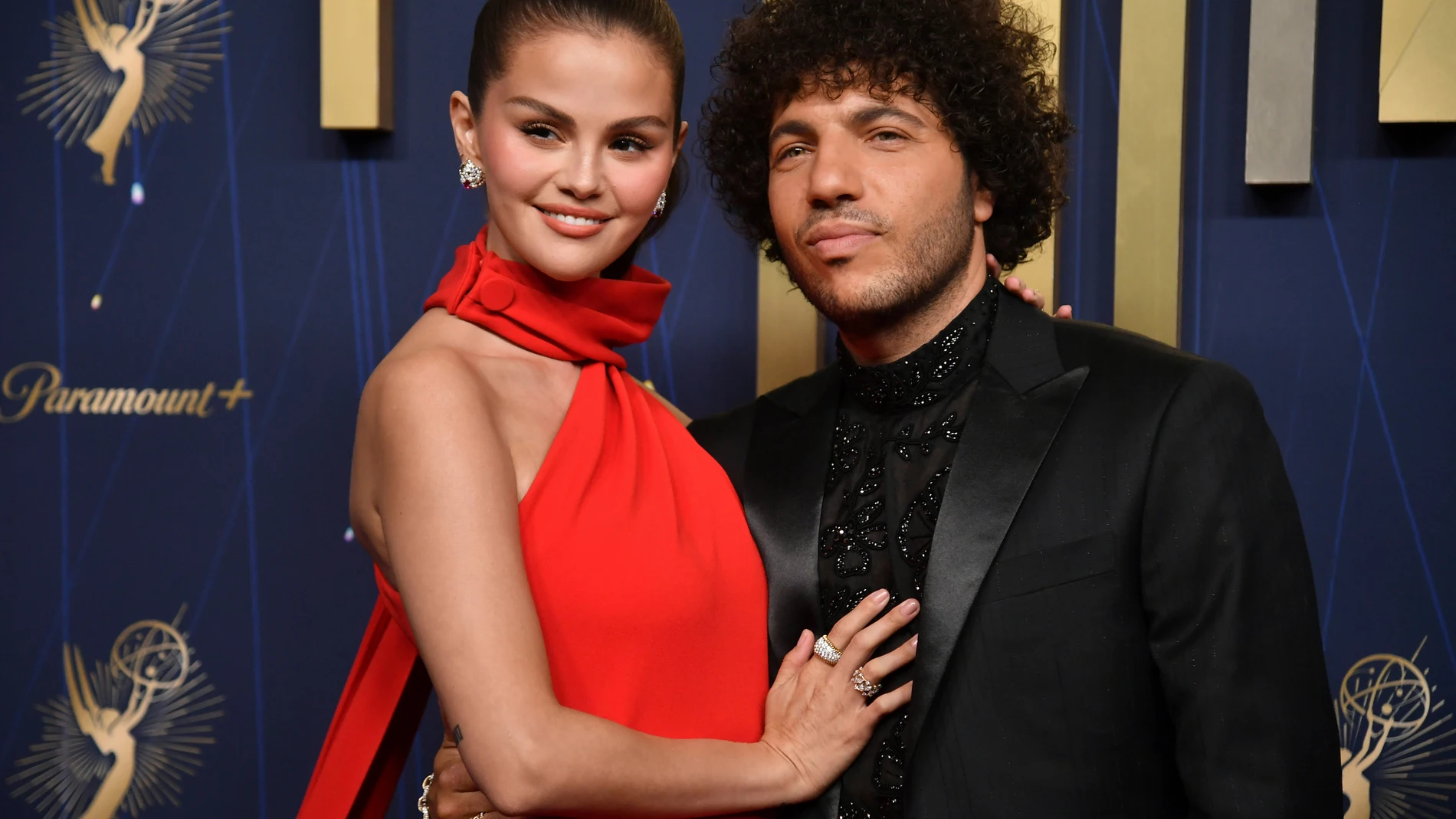 FILE - Selena Gomez, left, and Benny Blanco arrive at the 77th Primetime Emmy Awards on Sunday, Sept. 14, 2025, at the Peacock Theater in Los Angeles. (Photo by Richard Shotwell/Invision/AP, File)